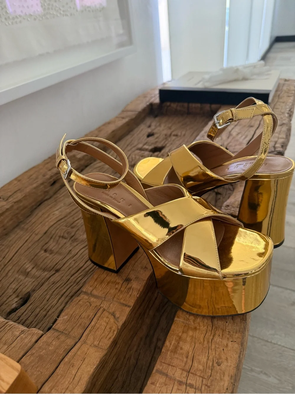 MARNI Gold Platform Block Heel Sandals - Women's Ankle Strap